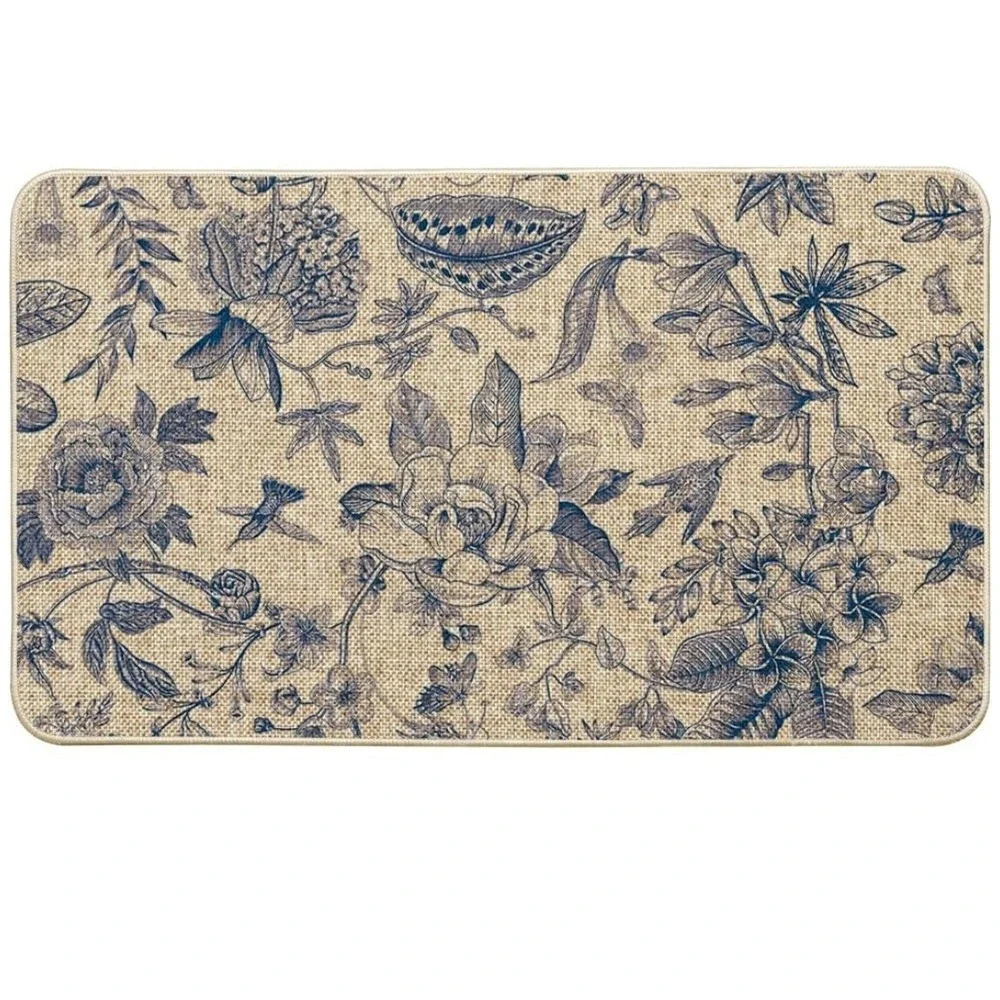 Fade Resistant Floral Rectangle Door Mat 17x29 Beige/Blue Recycled Rubber